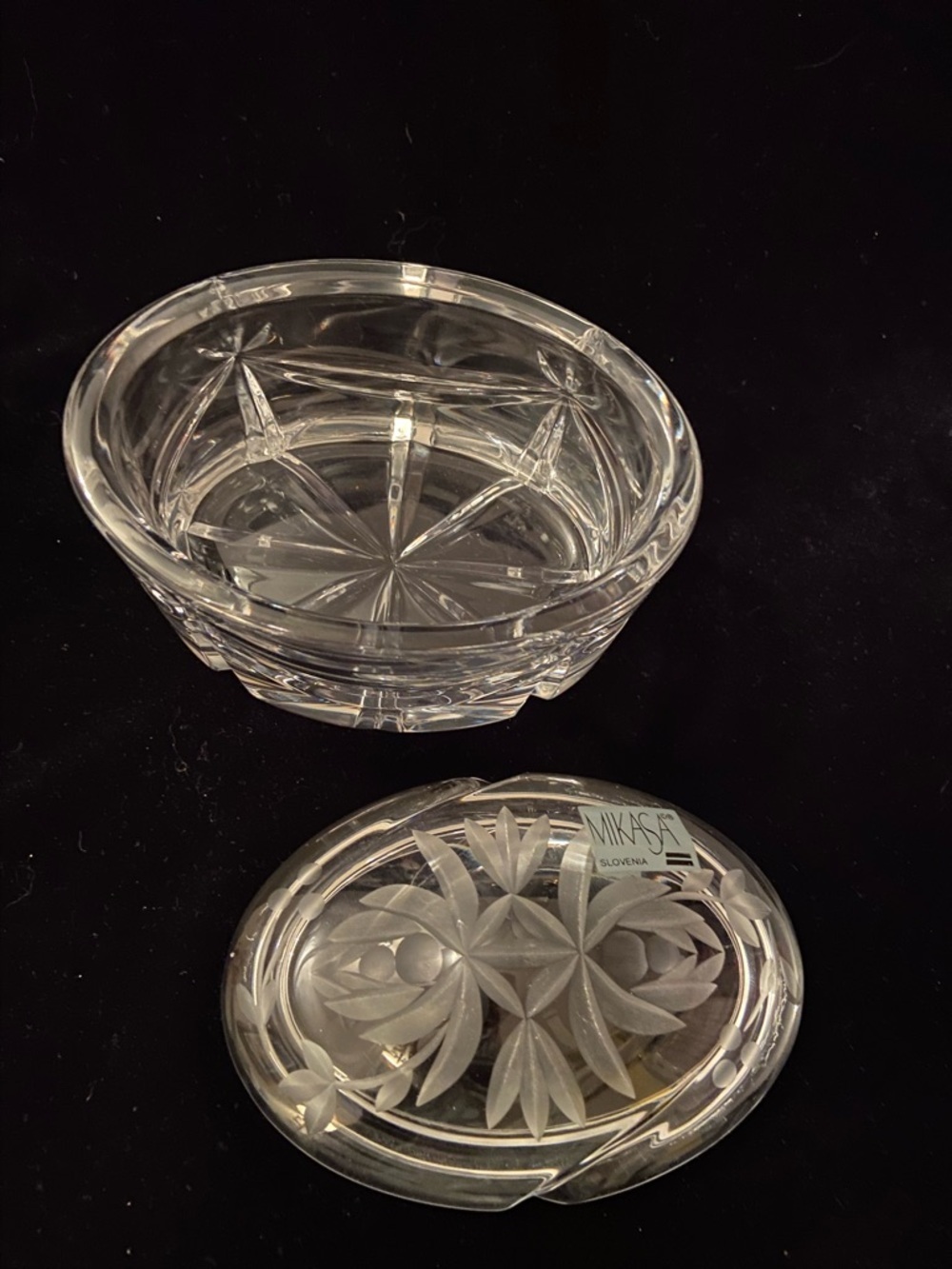 Vintage MIKASA Cut Crystal Floral Lidded Jewelry Trinket Box Oval Heavy